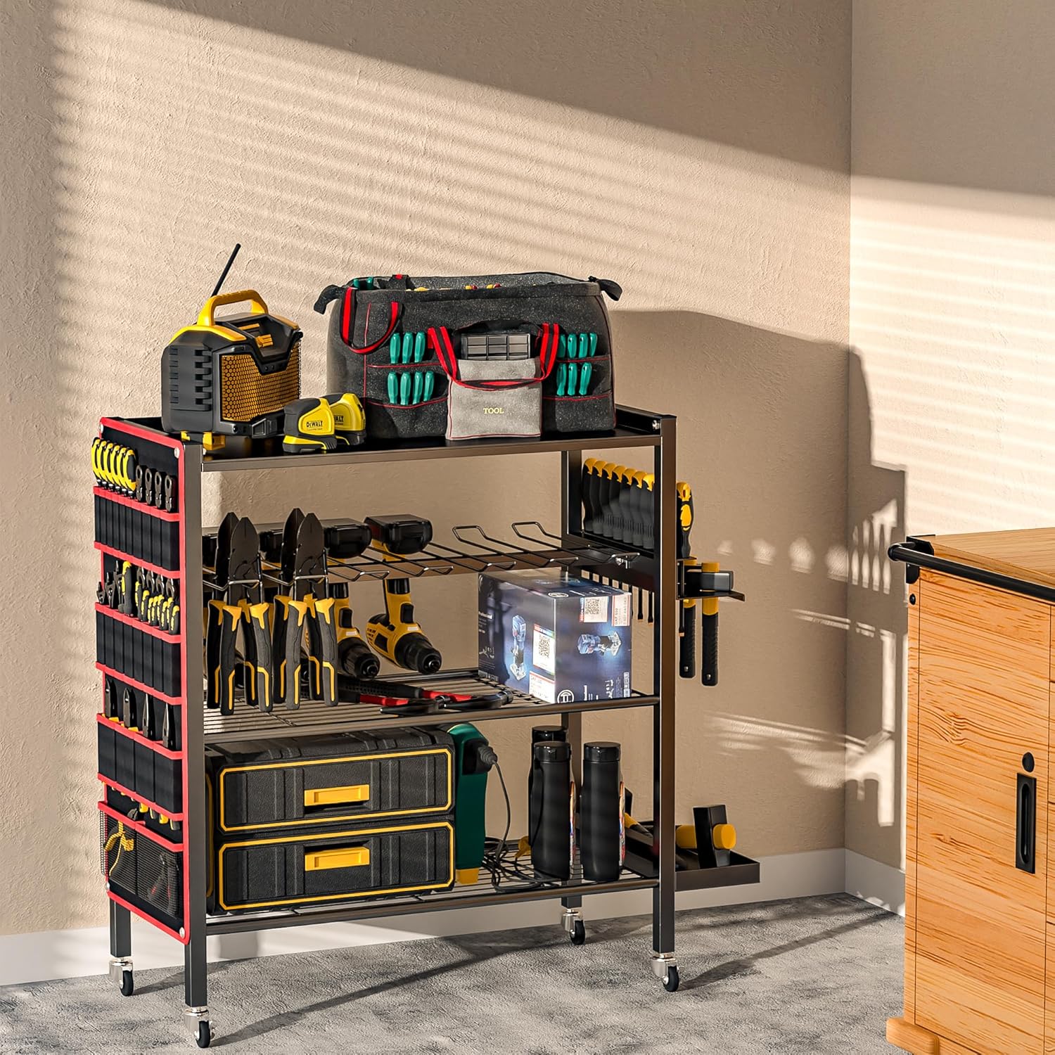 Ultrawall Power Tool Organizer Cart, 4-Tier Rolling Tool Storage Stand with Wheels, Garage Floor Tool Holder with Side Storage Pockets